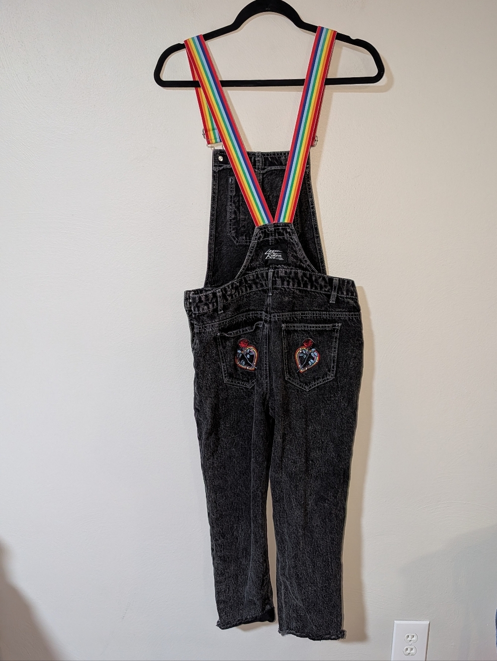 S Laser Kitten Forever 21 Black Acid-Wash Denim Overalls with Rainbow Straps